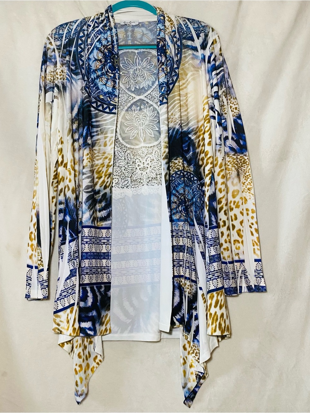 Women’s Open Front Printed Cardigan - Blue & Cream